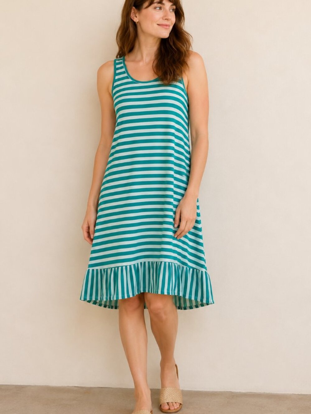 Lands’ End Green White Striped Sleeveless Tank Dress Sz M | Easy A-Line